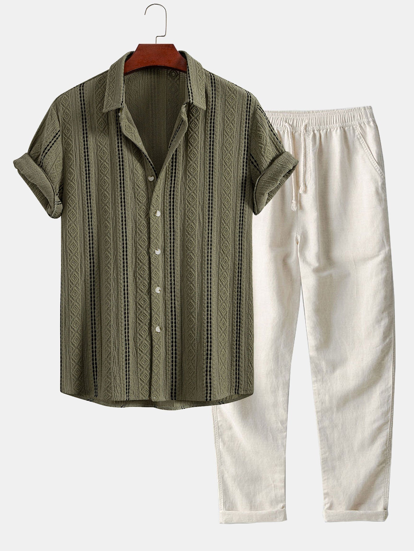 Camisa de jacquard a rayas geométricas con botones y pantalones de lino de pierna recta