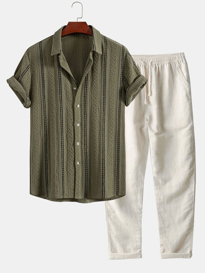 Camisa de jacquard a rayas geométricas con botones y pantalones de lino de pierna recta