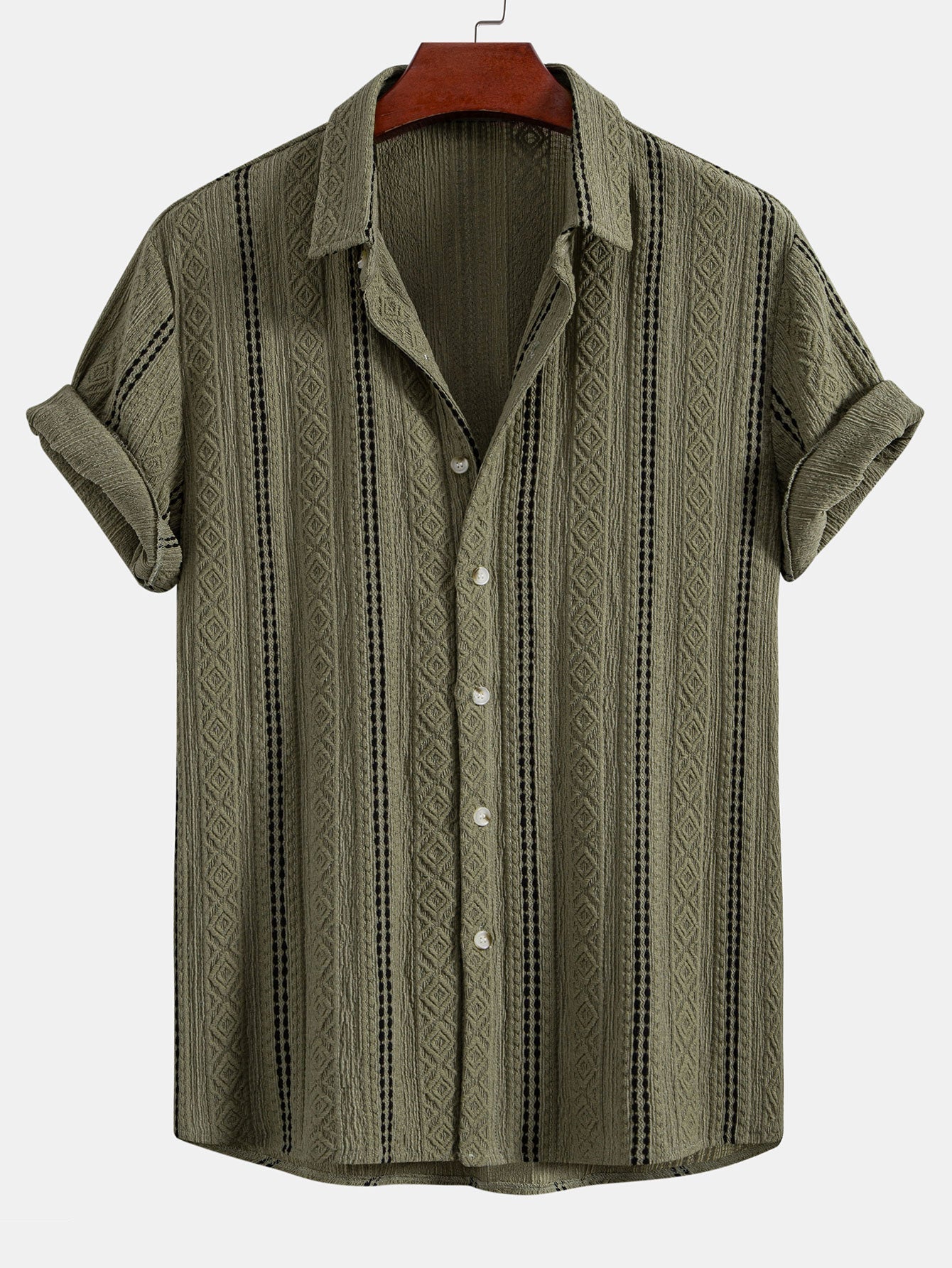 Camisa de jacquard a rayas geométricas con botones y pantalones de lino de pierna recta