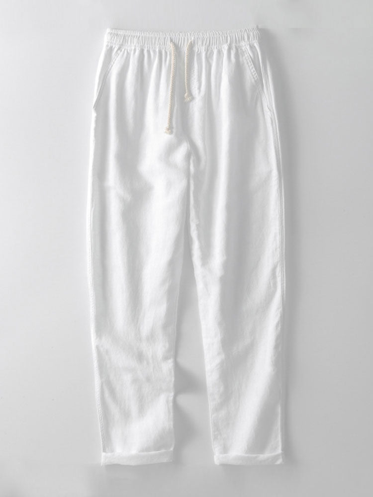 Camisa de jacquard a rayas geométricas con botones y pantalones de lino de pierna recta
