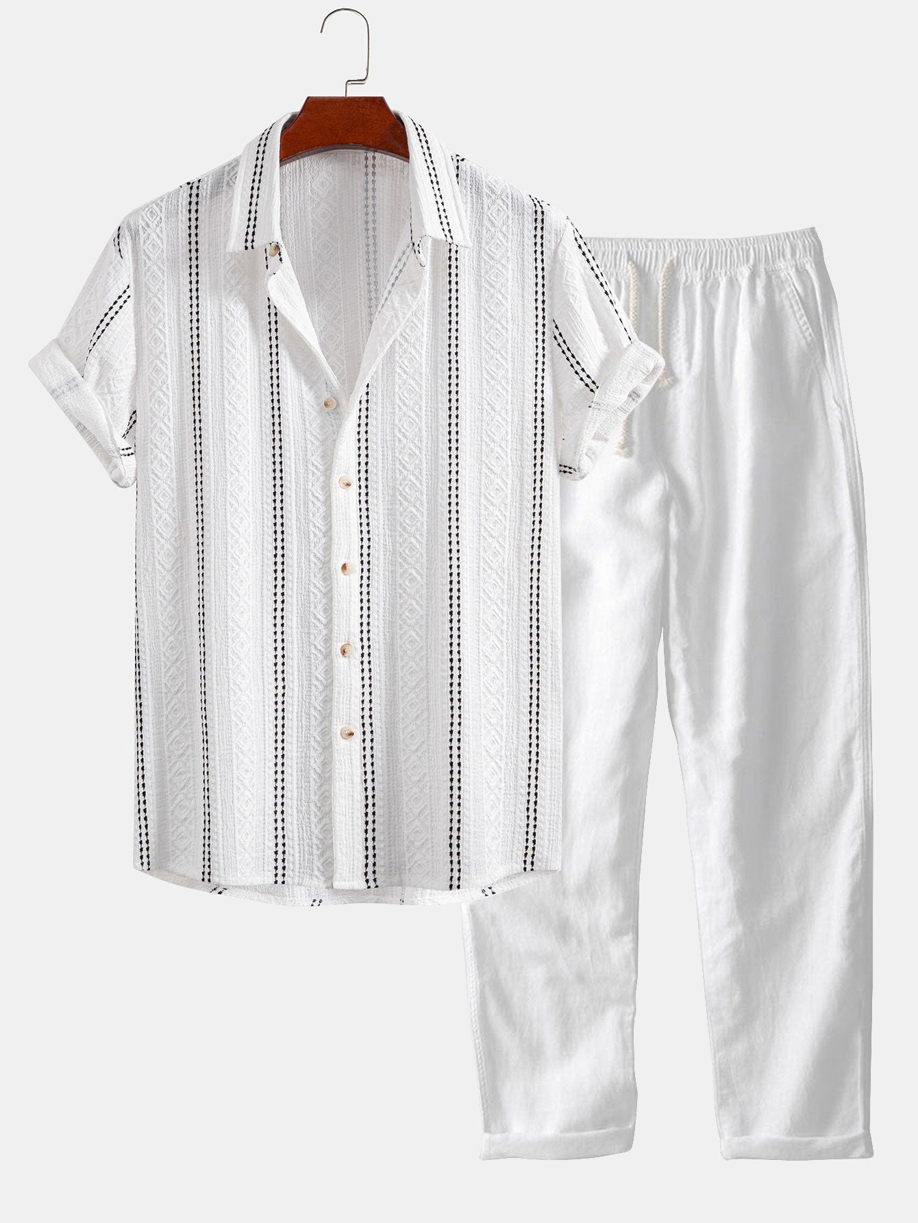 Camisa de jacquard a rayas geométricas con botones y pantalones de lino de pierna recta