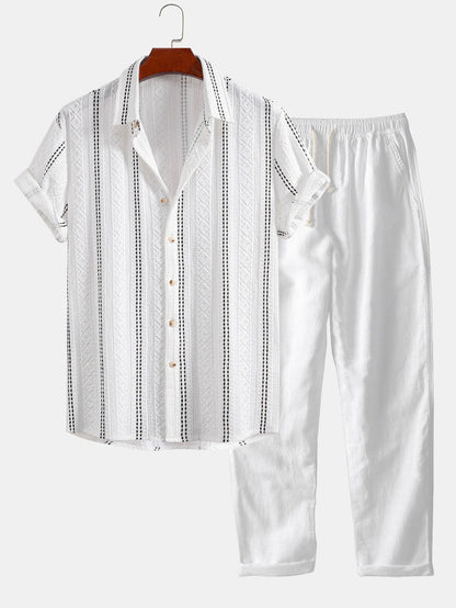 Camisa de jacquard a rayas geométricas con botones y pantalones de lino de pierna recta