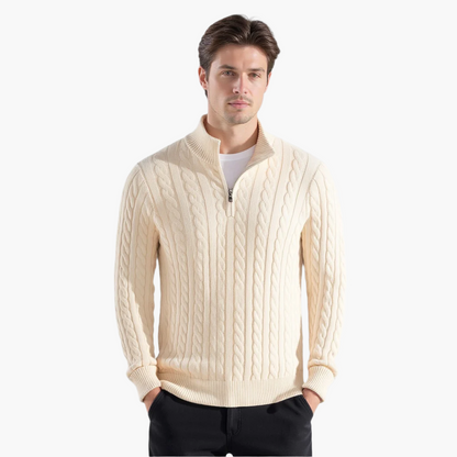 Chompa de punto trenzado con medio cierre beige - modelo