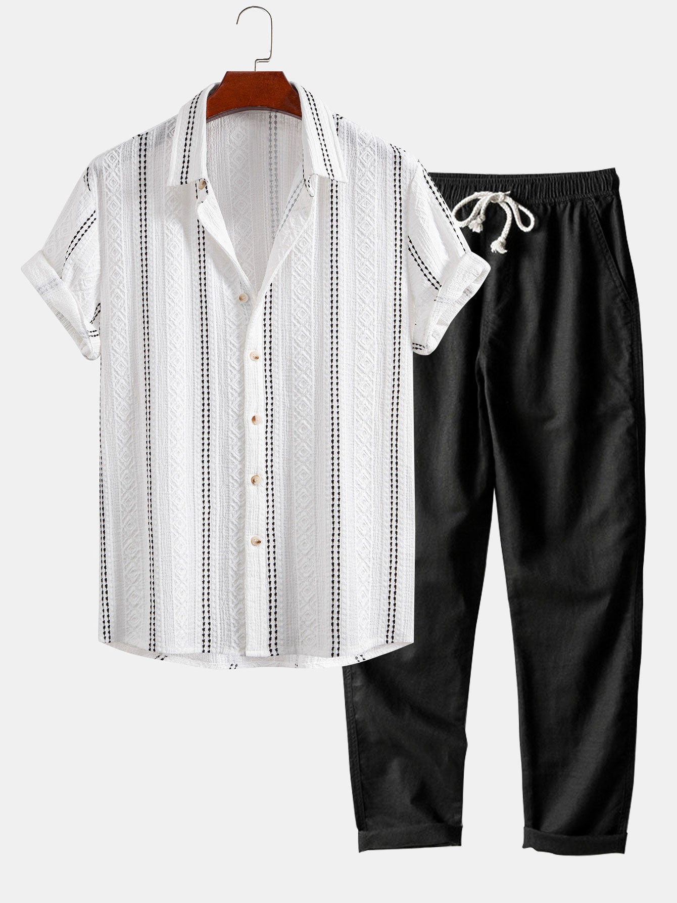 Camisa de jacquard a rayas geométricas con botones y pantalones de lino de pierna recta