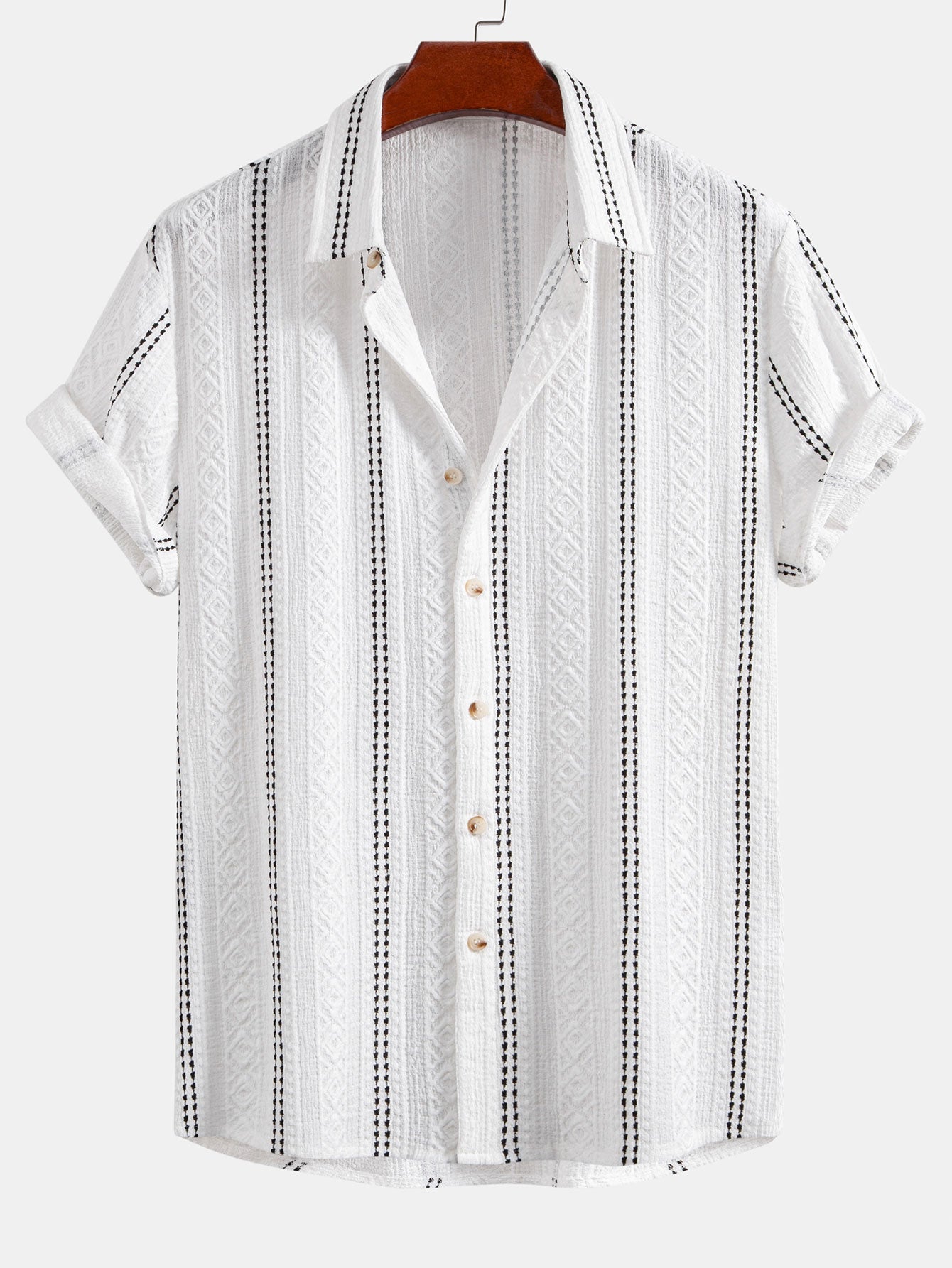 Camisa de jacquard a rayas geométricas con botones y pantalones de lino de pierna recta