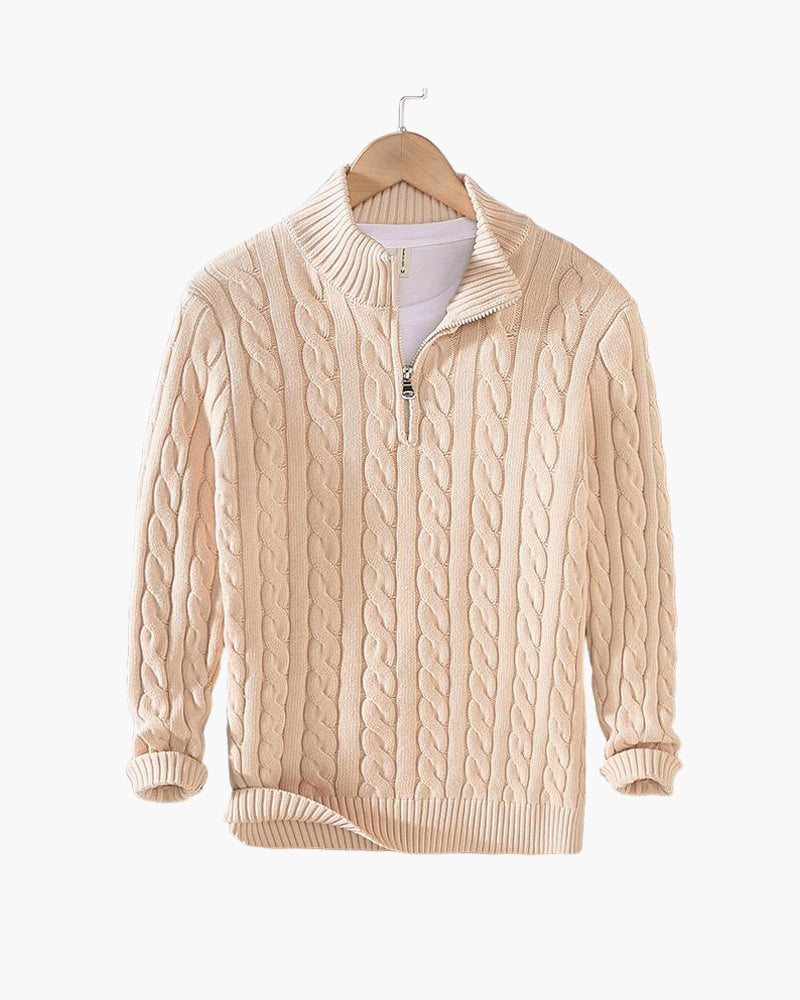 Chompa de punto trenzado con medio cierre beige