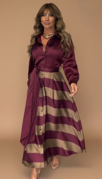 Vestido Elegante a Rayas con Lazo - Rojo