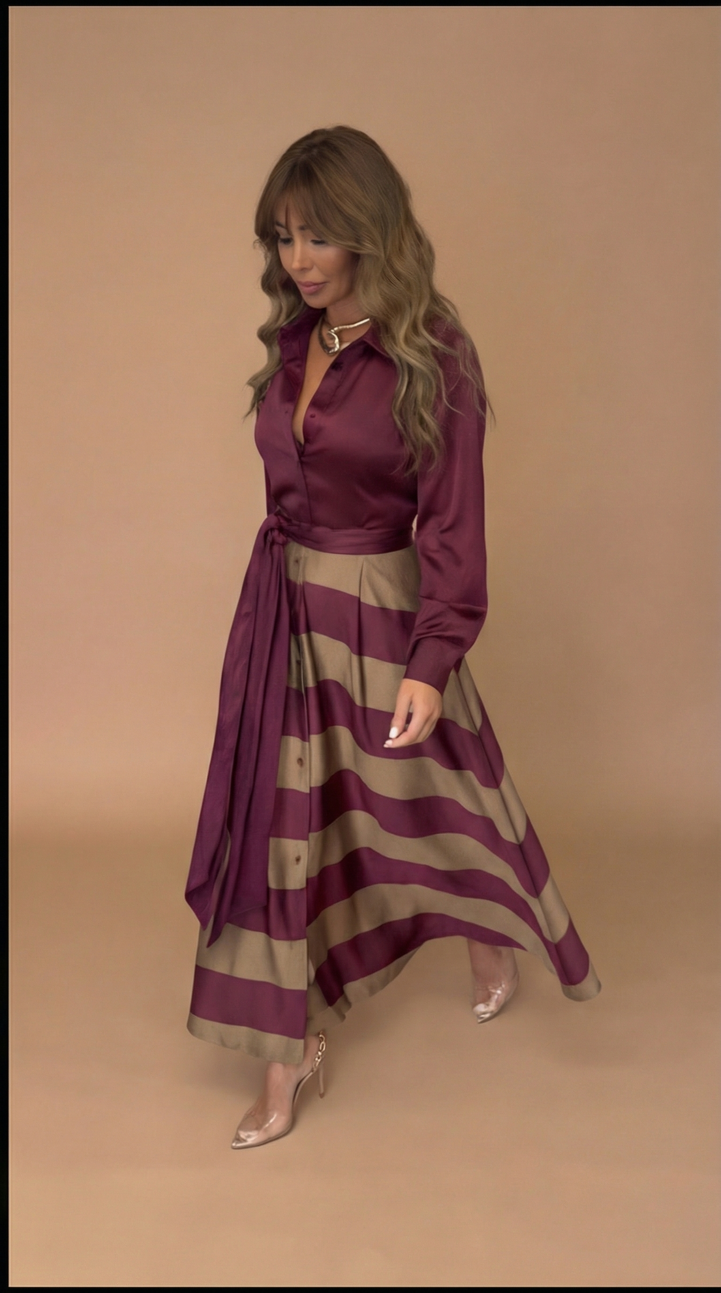 Vestido Elegante a Rayas con Lazo - Rojo