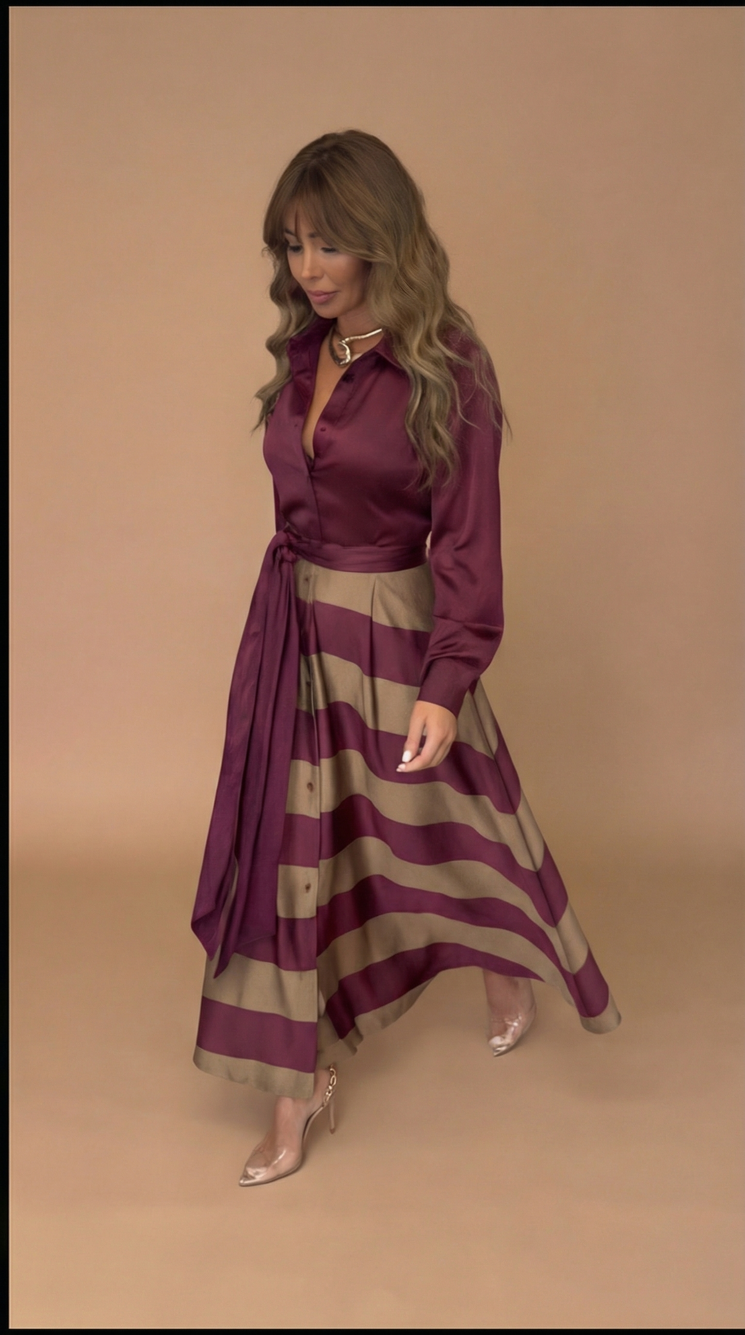 Vestido Elegante a Rayas con Lazo - Rojo