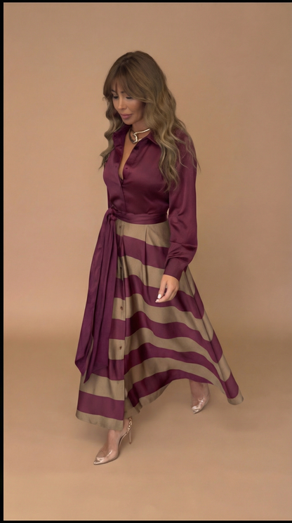 Vestido Elegante a Rayas con Lazo - Rojo