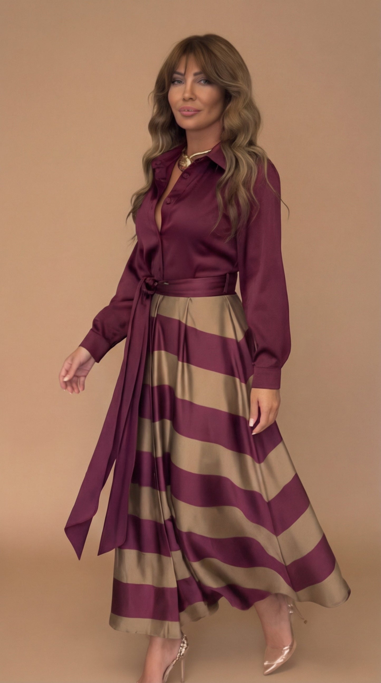 Vestido Elegante a Rayas con Lazo - Rojo