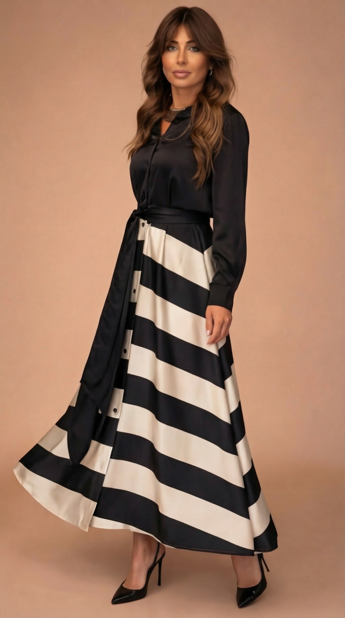 Vestido Elegante a Rayas con Lazo - Negro