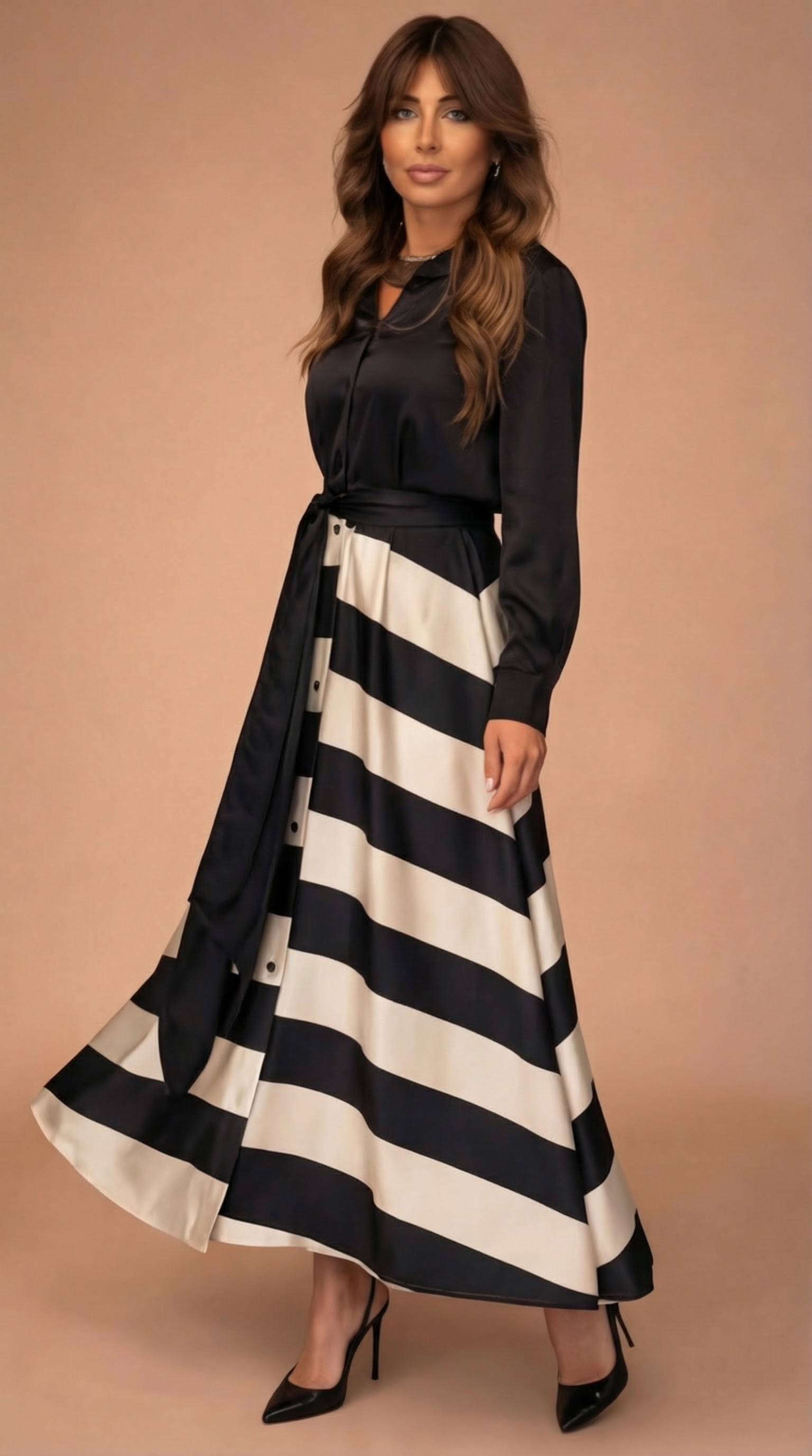 Vestido Elegante a Rayas con Lazo - Negro