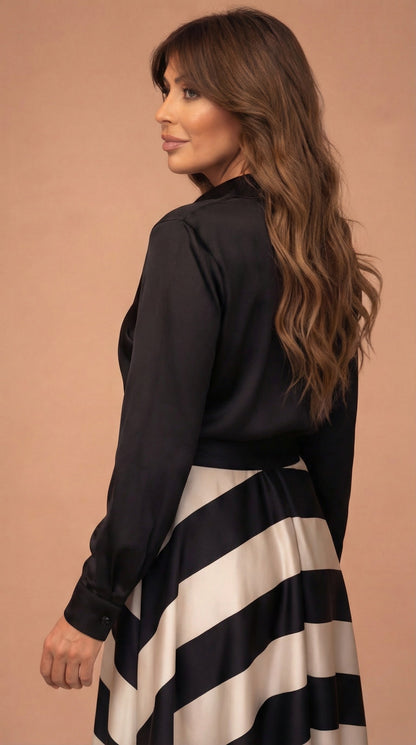 Vestido Elegante a Rayas con Lazo - Negro