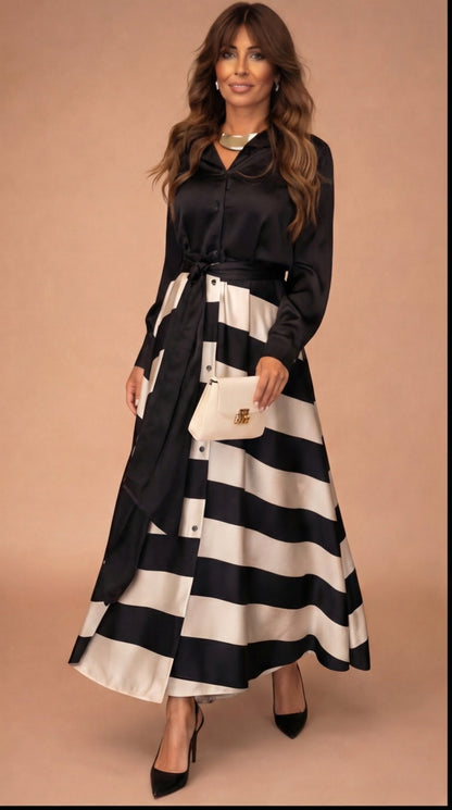 Vestido Elegante a Rayas con Lazo - Negro