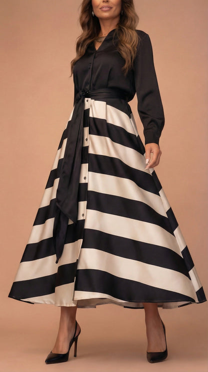 Vestido Elegante a Rayas con Lazo - Negro