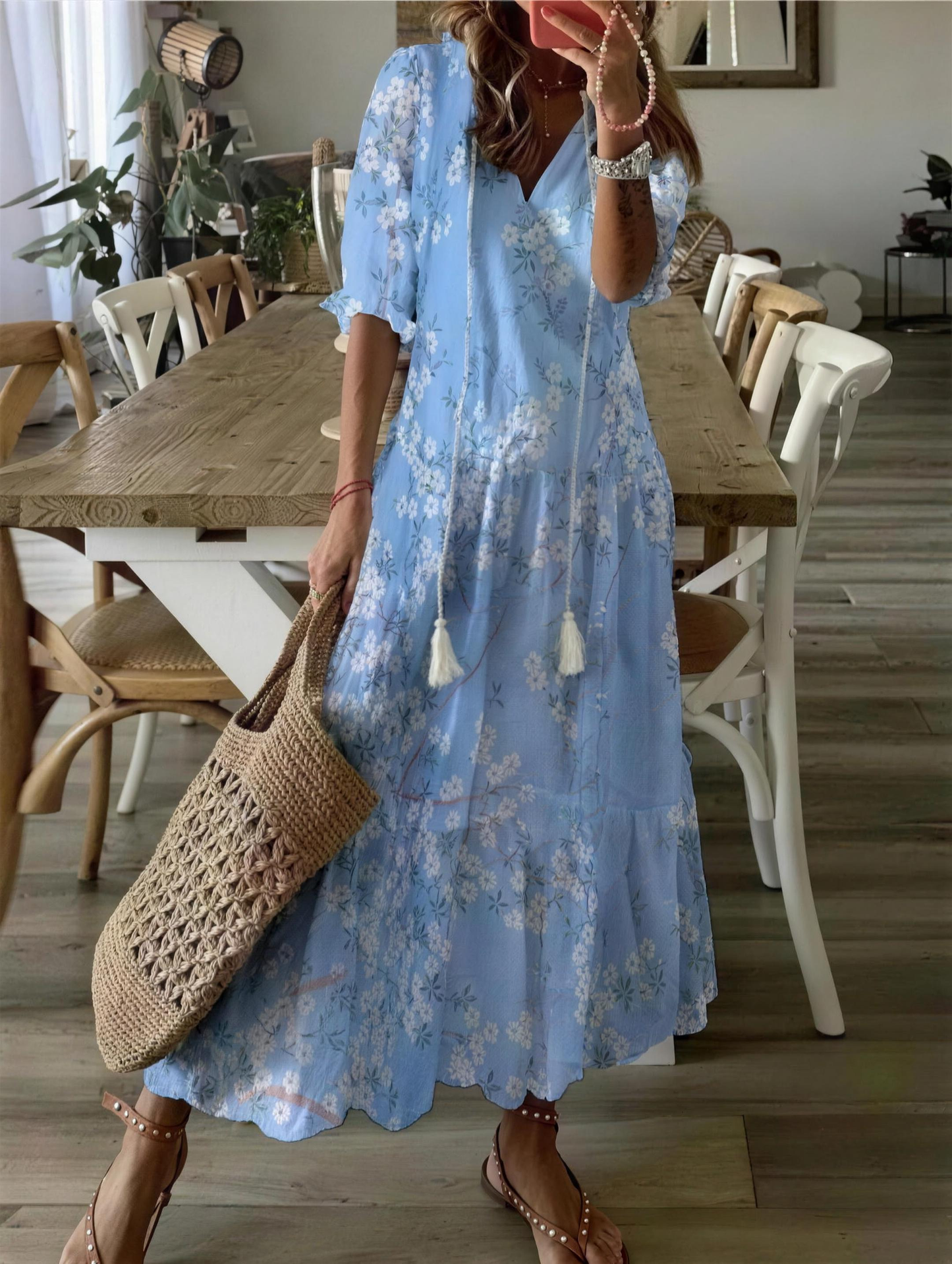Luna - Vestido Midi Boho Azul Claro