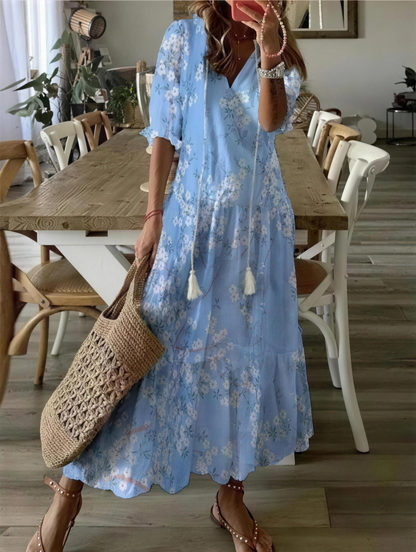 Luna - Vestido Midi Boho Azul Claro