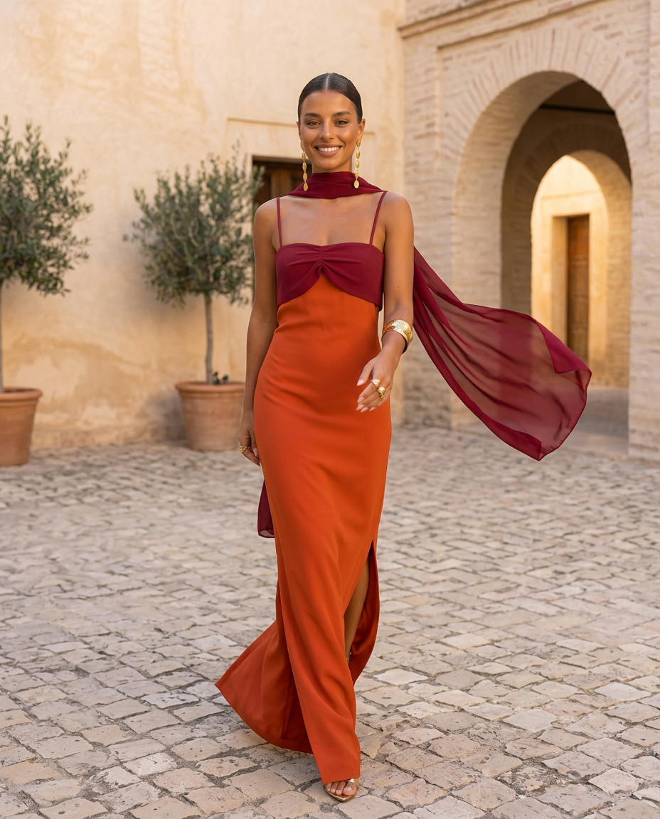 Brunella - Vestido Naranja con Escote Rojo